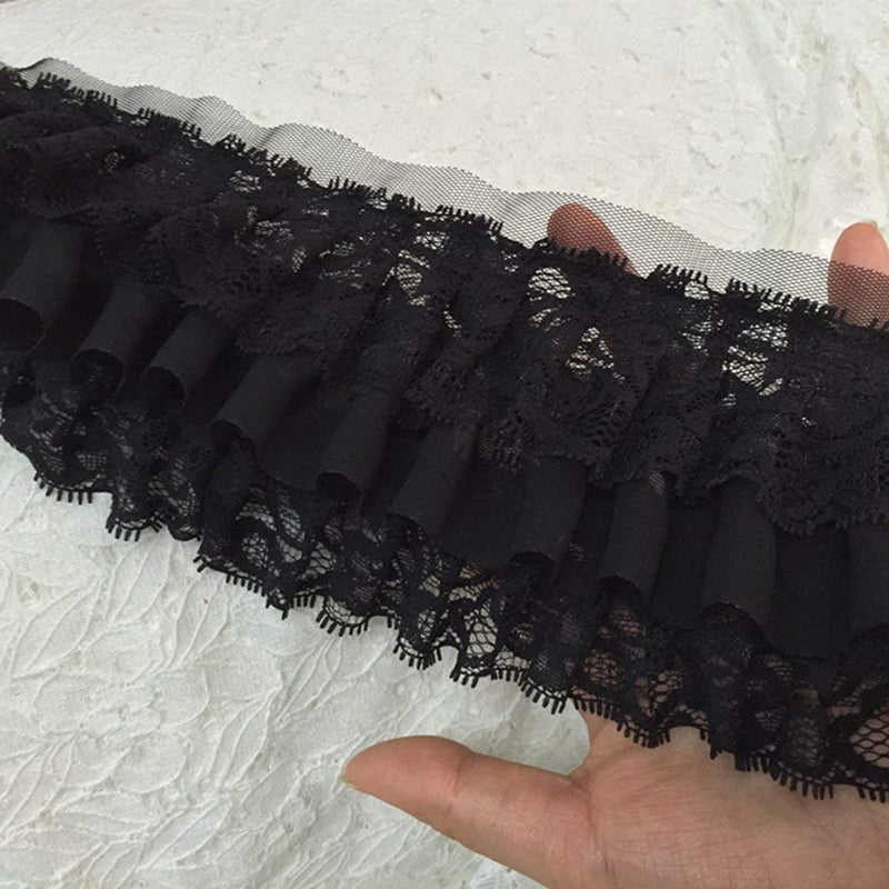 Zthread 3-3/4" Wide Pleated Chiffon Lace Trims Ruffled Lace Trims for Clothing Sewing DIY Craft Supply (Black-2Yard) - Image 2